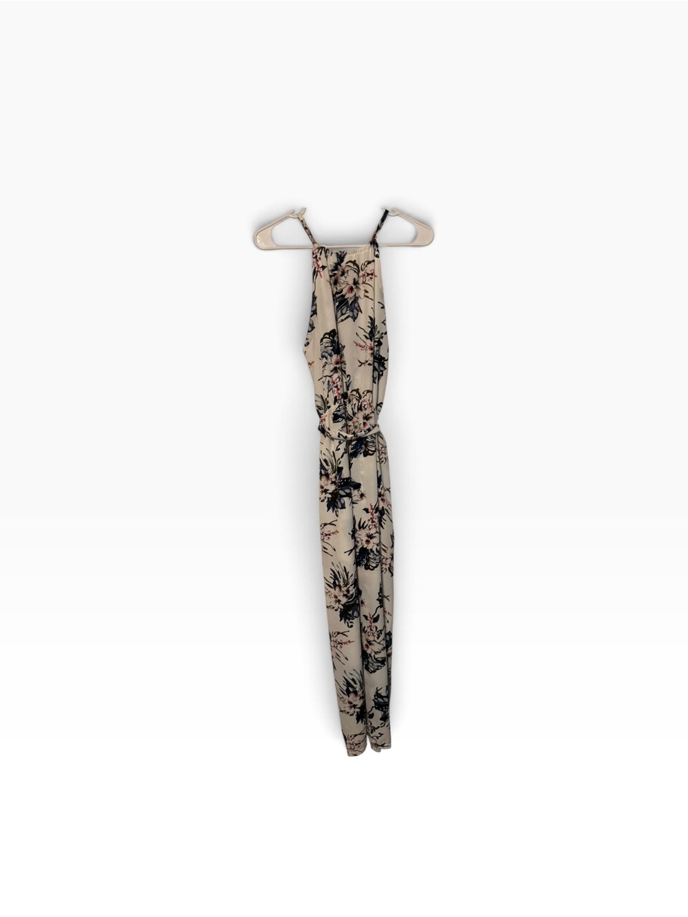 Women’s Floral Halter Maxi Dress Size L Beige Navy Pink Tie Waist